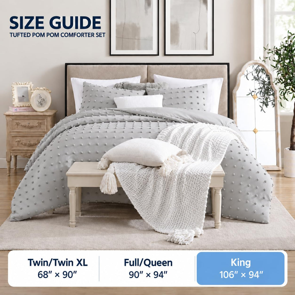 Home Comforter Set, Tufted Pom Poms, Gray