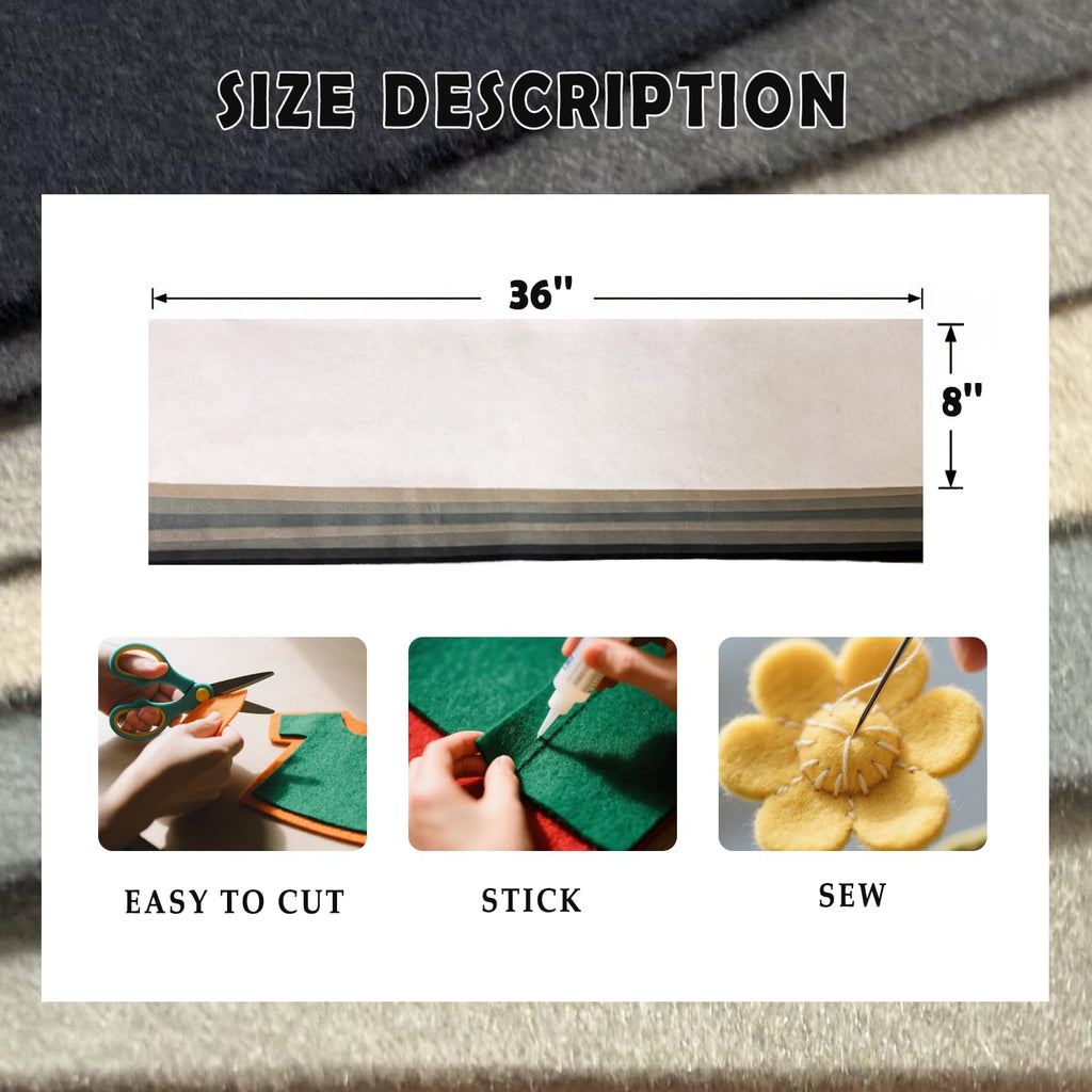 Black White Grey 8 Assorted Soft Felt Sheets Fabric 8'' x 36'' 1.6mm Thick