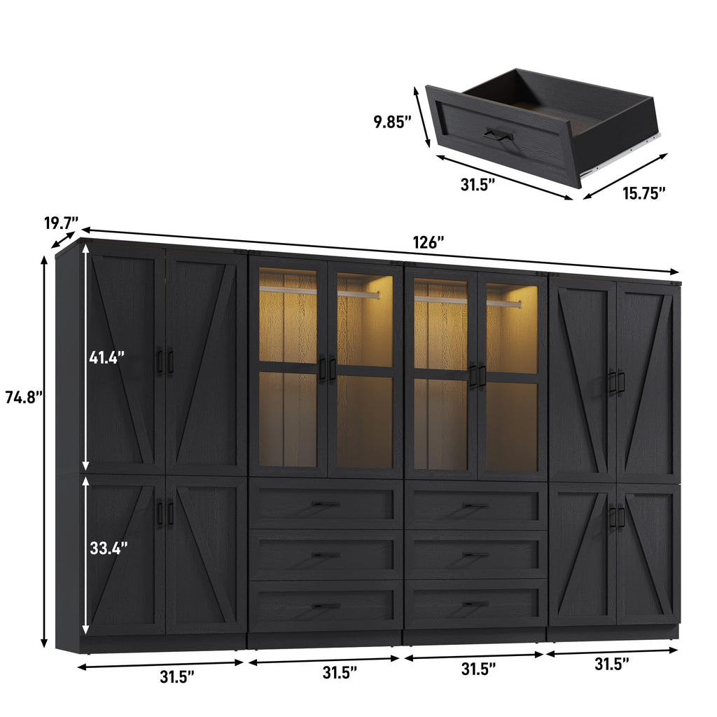 75" Tall Farmhouse 8 Doors Armoire Wardrobe Closet with 6 Drawers and LED, Freestanding Closet Wardrobe Cabinet with