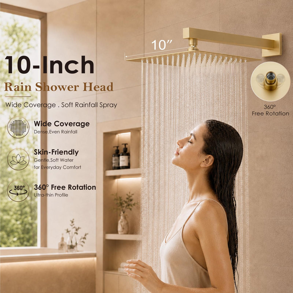 Rain Shower System with Tub Spout,10 Inch Brushed Gold