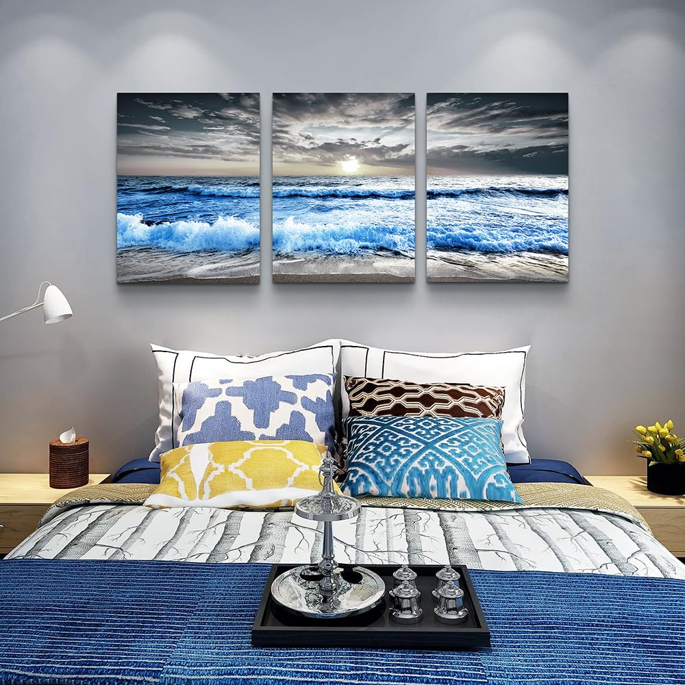 3 Panel Blue Beach Canvas Wall Art Decor Bedroom Wall painting Sunset White Wave Beach Pictures on Canvas Sea View