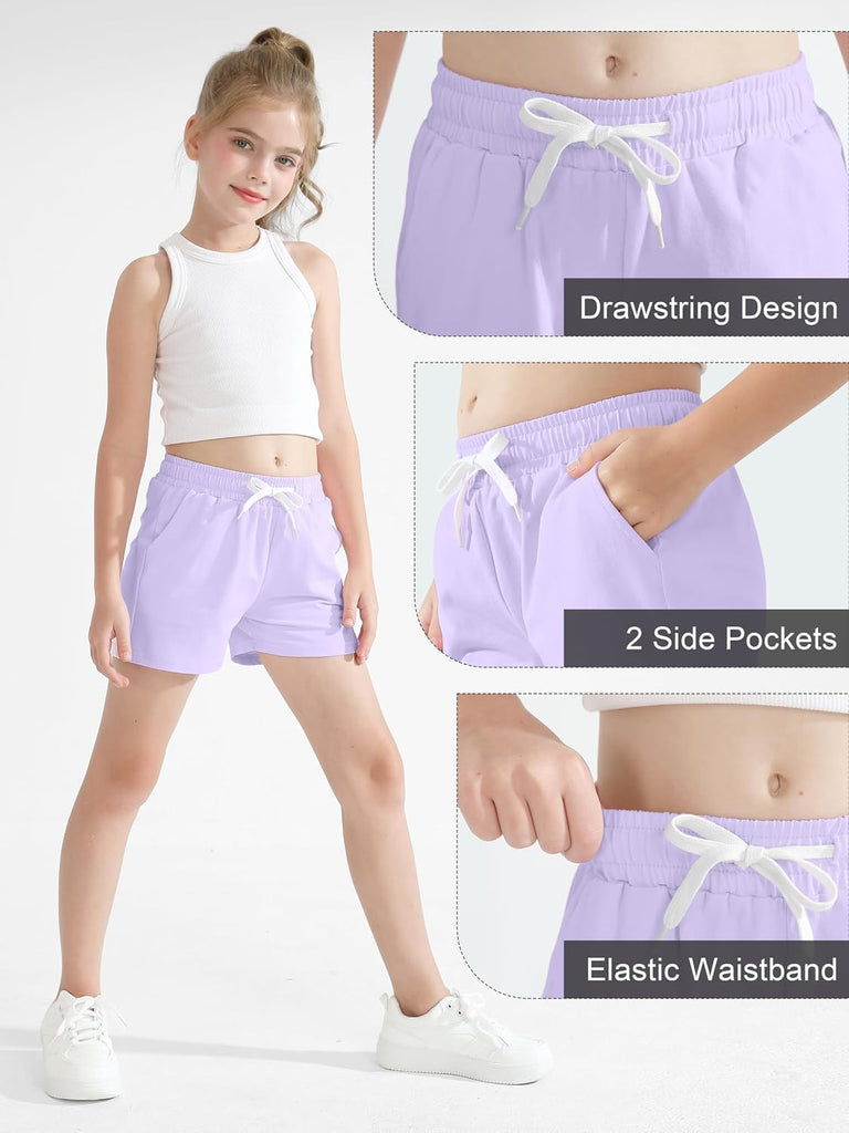 5 Pack Girls Athletic Shorts Active Performance Shorts Kids Summer Sports Running Yoga Short with Drawstring