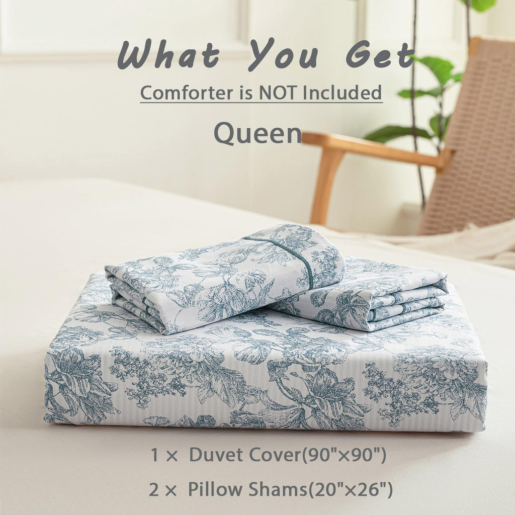 Vintage 100% Cotton Duvet Cover Queen 3PC - Elegant Pale Slate Blue Floral Pattern on White with Light Blue & White