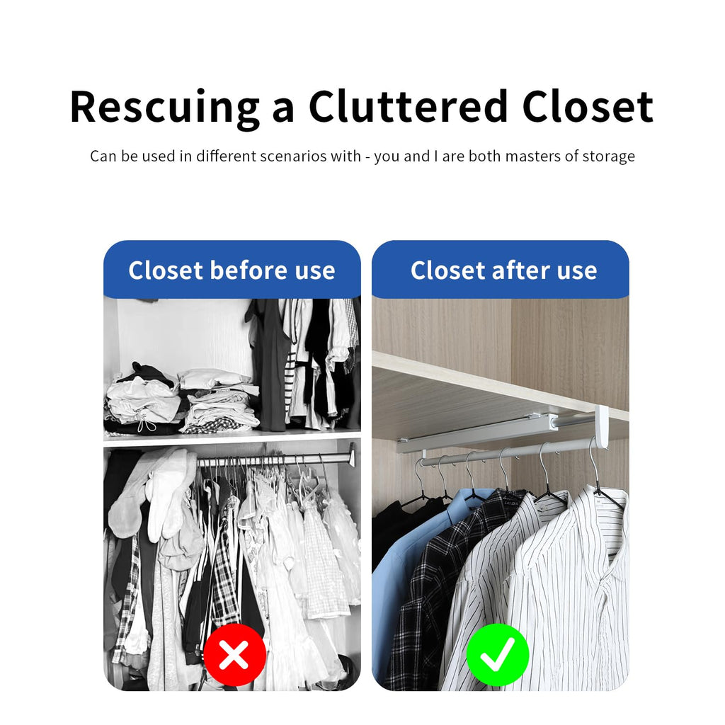 Pull Out Closet Rod - White, 21-1/4 Inch, Telescopic Trouser Rack for Shallow Cabinet, Organize Pants & Clothes