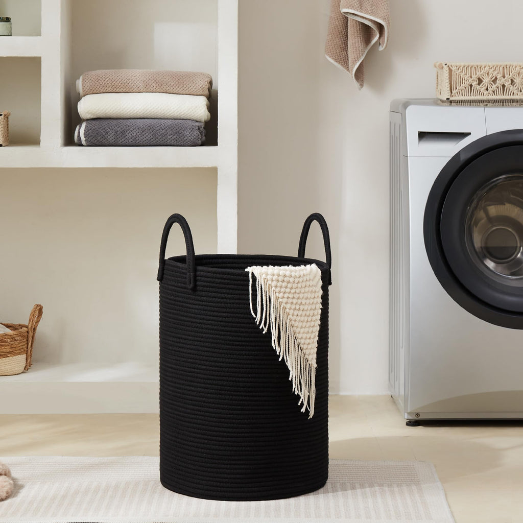Cotton Laundry Hamper, 58L Tall Storage Basket-Black