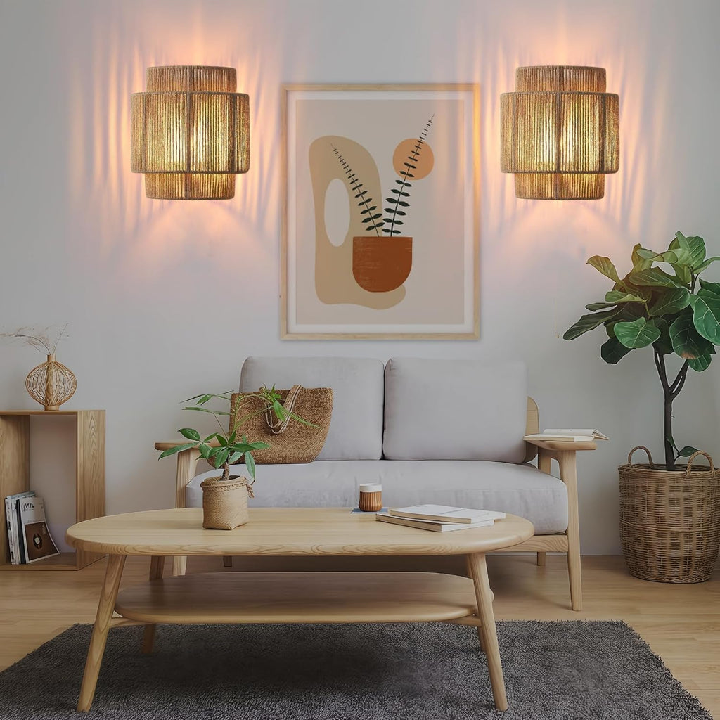 Boho Wall Light, Rattan Wall Sconce with Hand Woven Hemp Rope Shade