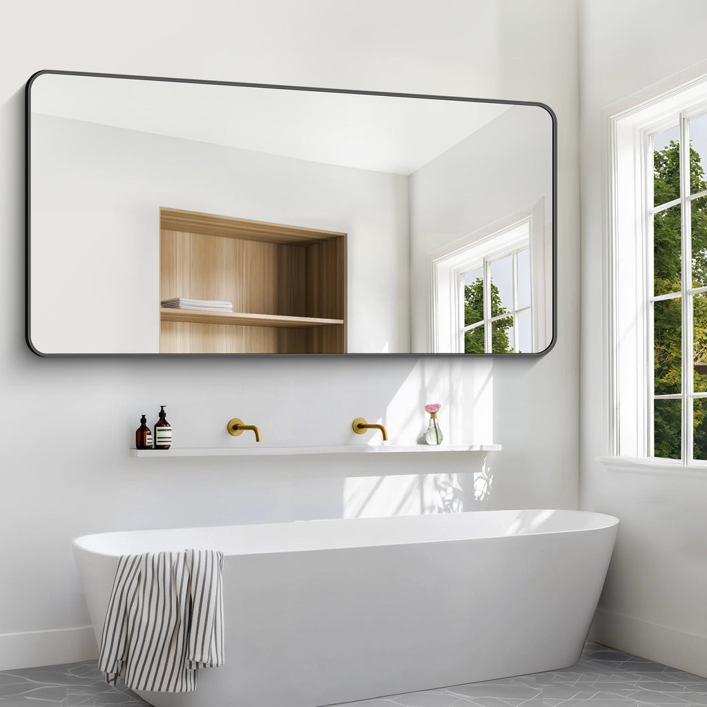 72x36 inch Large Bathroom Mirror,Black Rectangle Mirror,Wall Mounted Bathroom Frame Vanity Mirror with Round Corner