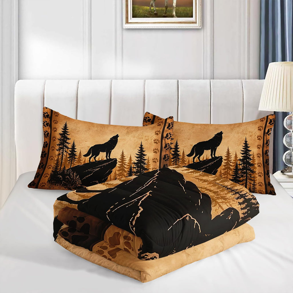 Wolf Comforter, Howling Wolf Forest Bedding with 2 Pillowcases.