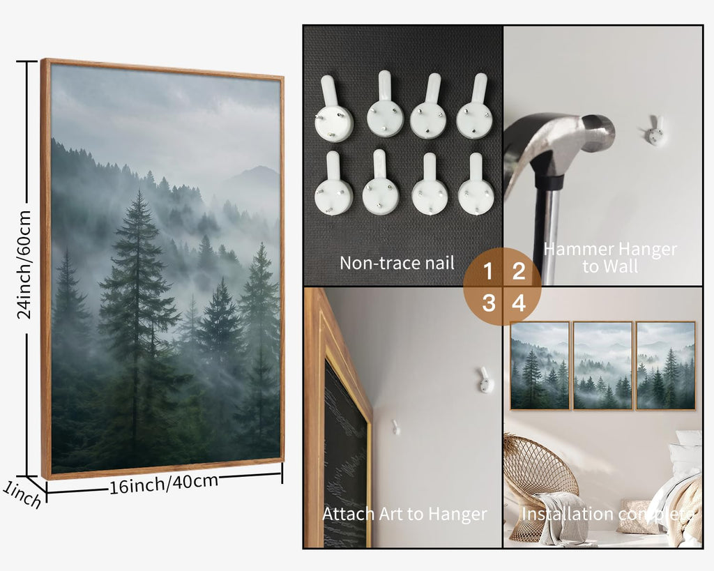 Large Misty Forest Framed Canvas Wall Art Set, Dark Green Pine Tree Artwork, Modern Nature Landscape Wall Decor