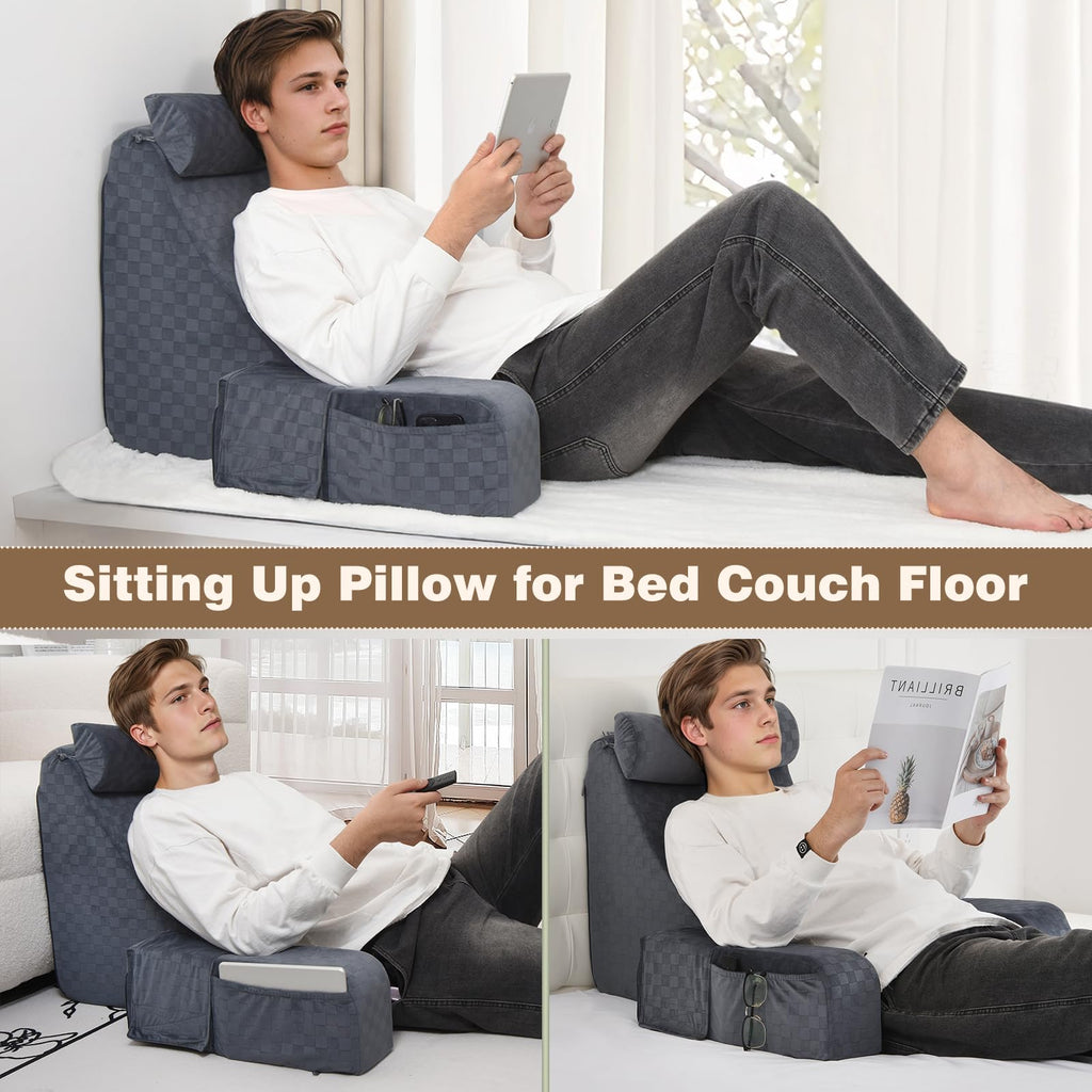 21'' Reading Pillow for Adults with XL Side Pockets, Adjustable Arms