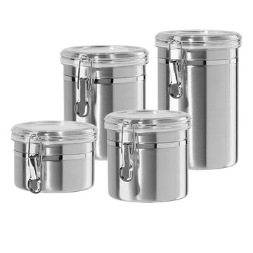 Set of 4 Stainless Steel Kitchen Canisters - Airtight Clamp Lid, Clear See-Thru Top - Ideal Storage, Food Storage