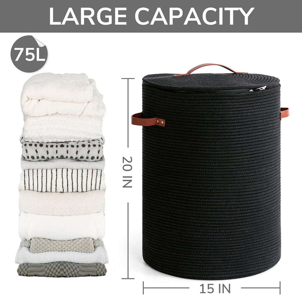 Large Woven Laundry Basket with Lid & Leather Handles, 60L, Black | 15" x 20" Tall Laundry Hamper, Storage Basket for
