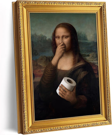 Vintage Gold Framed Mona Lisa Humor Bathroom Wall Art - Funny Pinching Nose Toilet Paper Decor, Vintage Whimsical