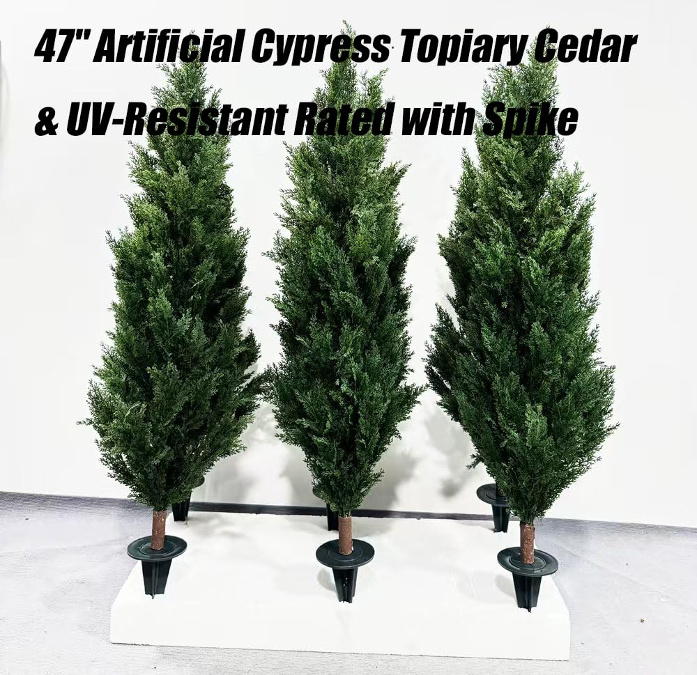 47" Artificial Cypress Topiary Cedar Topiaries for Indoors & Outdoor UV-Resistant Rated with Spike. Easy to Push in