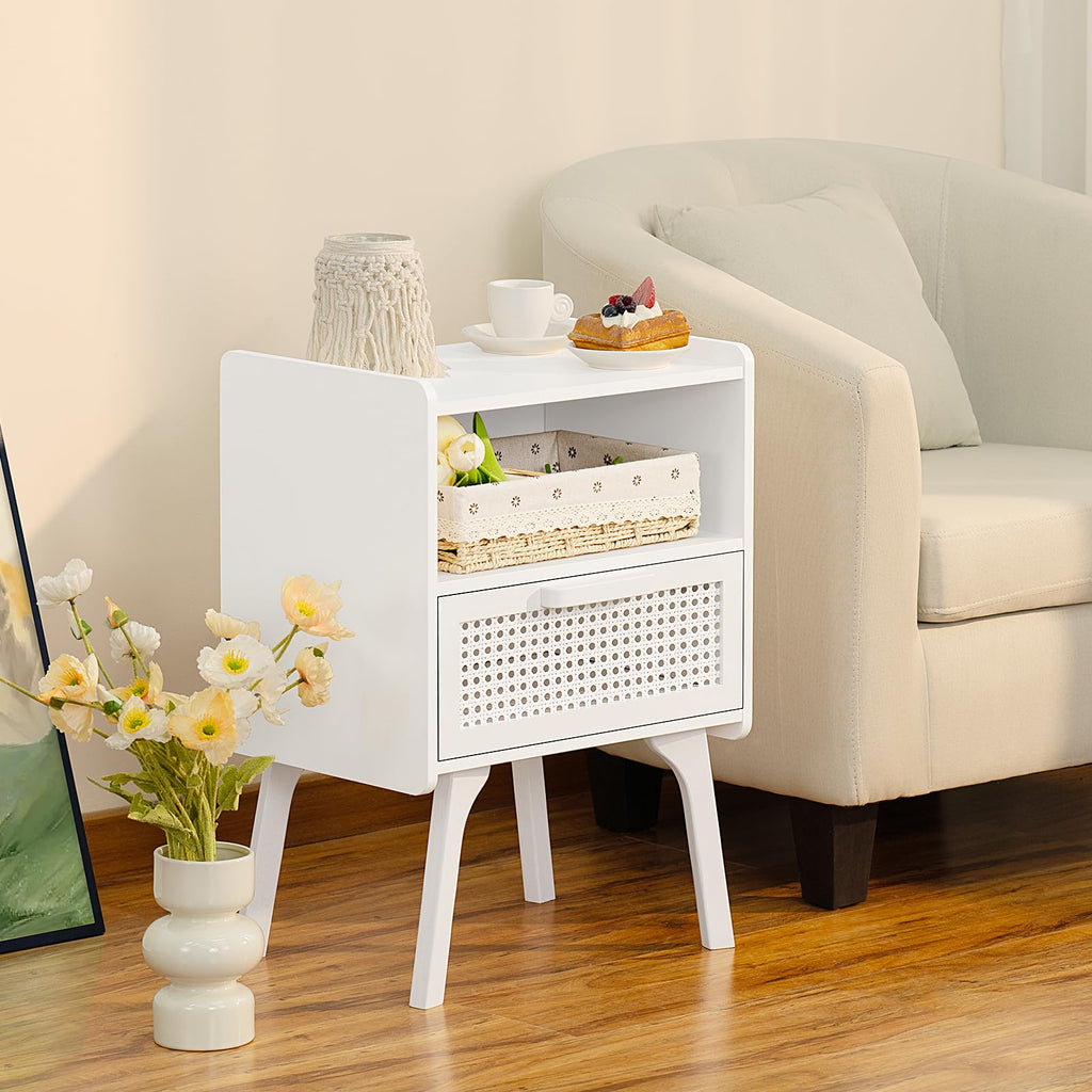 Rattan Nightstands Set of 2, Side Table with Drawer Open Shelf