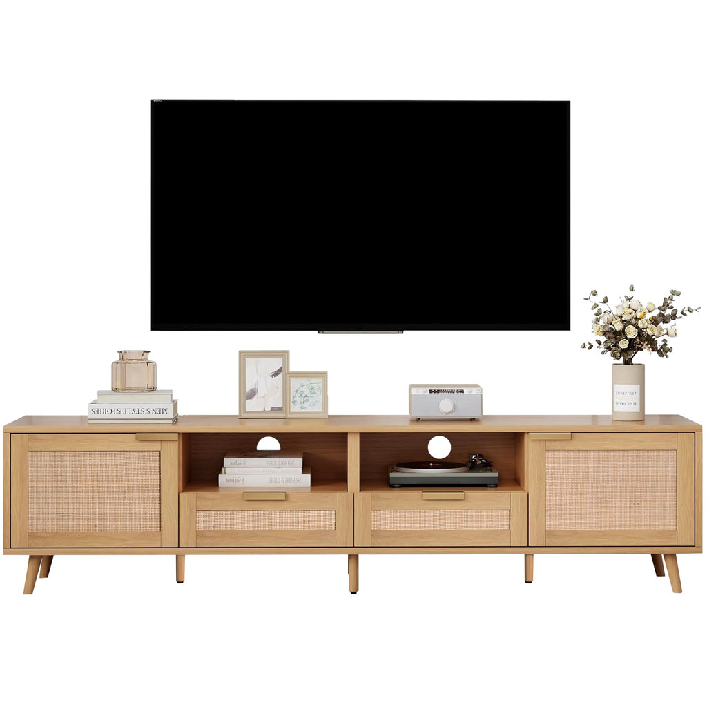 Rattan TV Stand for 85''+ TV, Mid Century Modern Entertainment Center with Rattan Decor Doors, Wood TV Console with 2