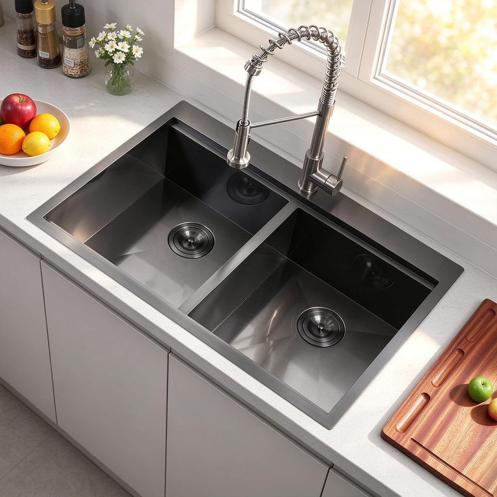33x22 Double Bowl Kitchen Sink 33 Inch Black, Stainless Steel Drop in Double Bas Sink, Topmonut 50/50 Kitchen Sinks