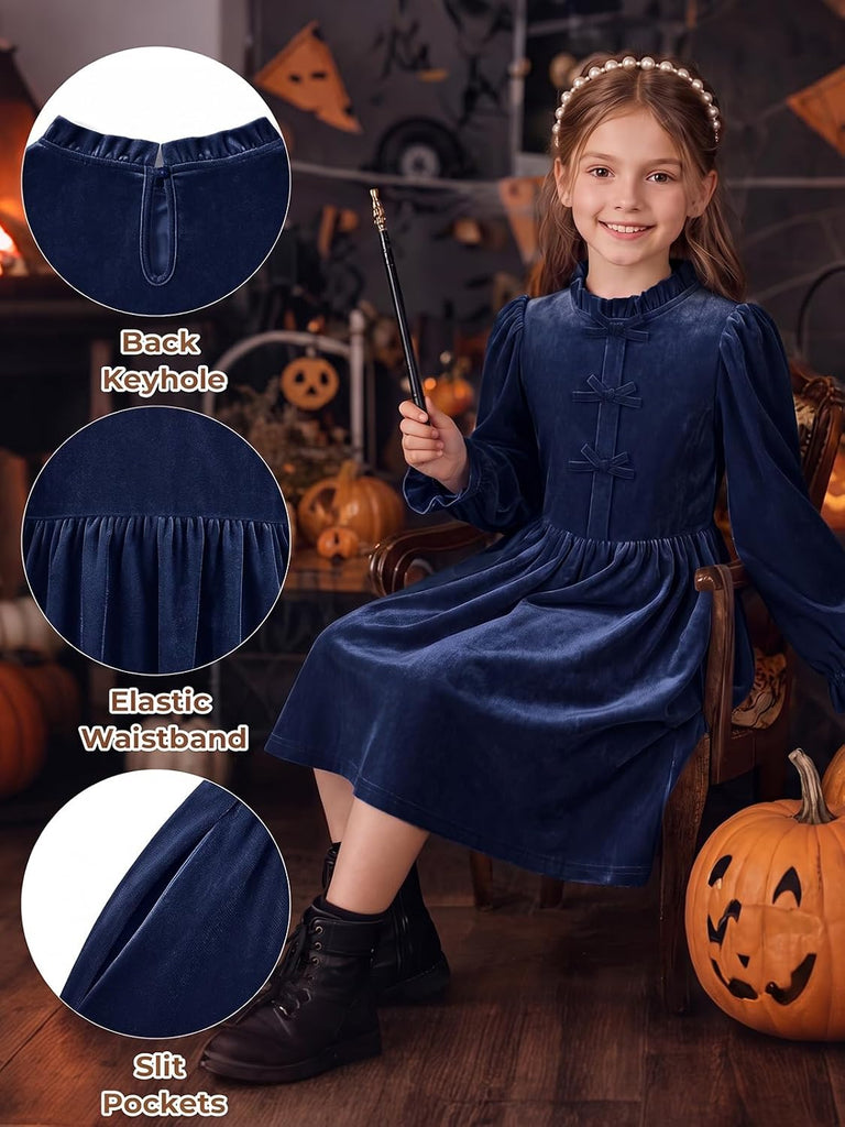Girls Velvet Long Sleeve Dress Ruffled A-Line Party Dresses