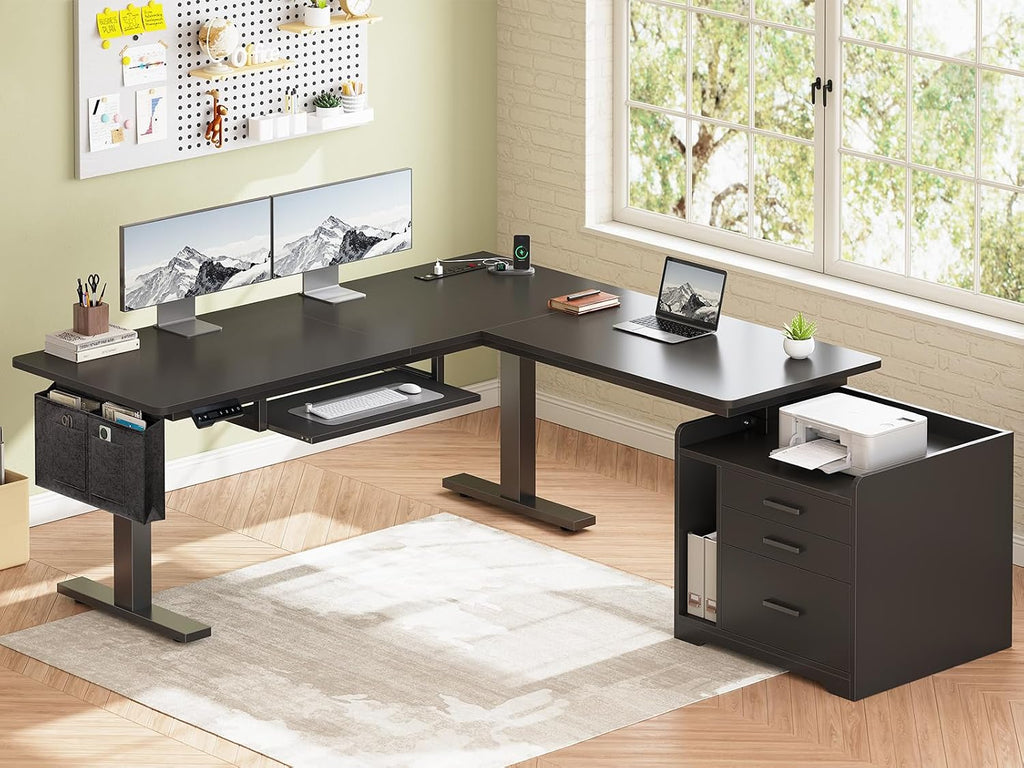 L Shaped Standing Desk with File Cabinet, 3 Drawers, Power Outlet | 63 x 53'' Electric Height Adjustable Gaming