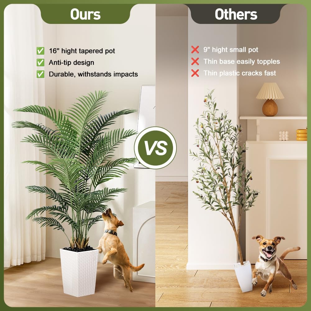 6FT Artificial Palm Tree - Tall Fake Tree with White Taper Planter & Pebbles, UV Resistant Decor - Large Potted Faux