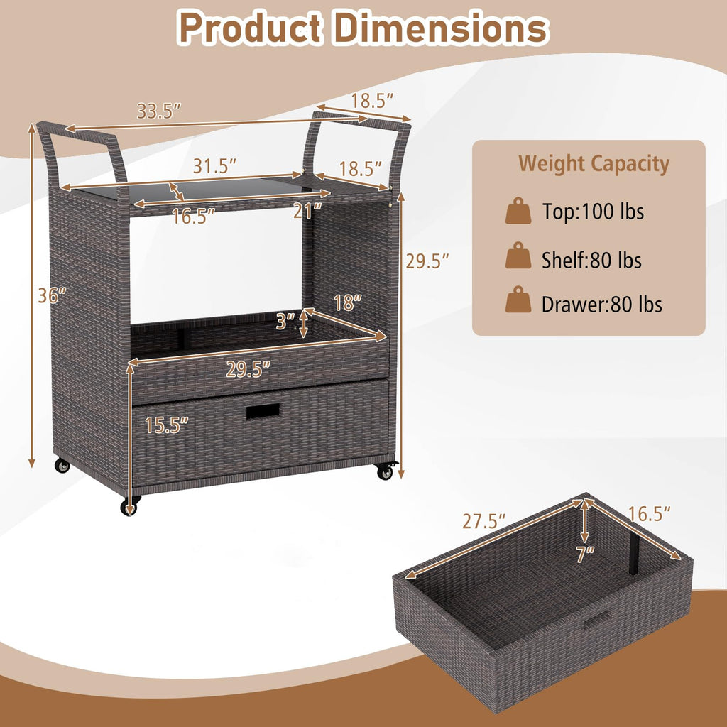 Rolling Rattan Bar Cart, Bar Counter Table with Tempered Glass Top