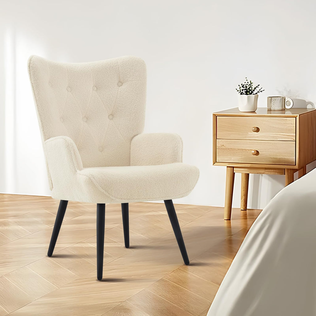 Faux Fur White Accent Chair Mid Century Modern Living Room Chairs; Comfy Armchair Leisure Vanity Guest Wingback Chair