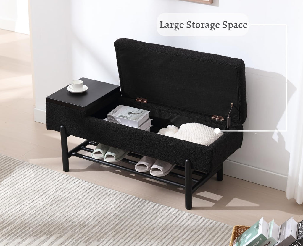 Modern Storage Bench End of Bed Sherpa Ottoman Bench with Storage Upholstered Entryway Bench with Wood Shoe Rack