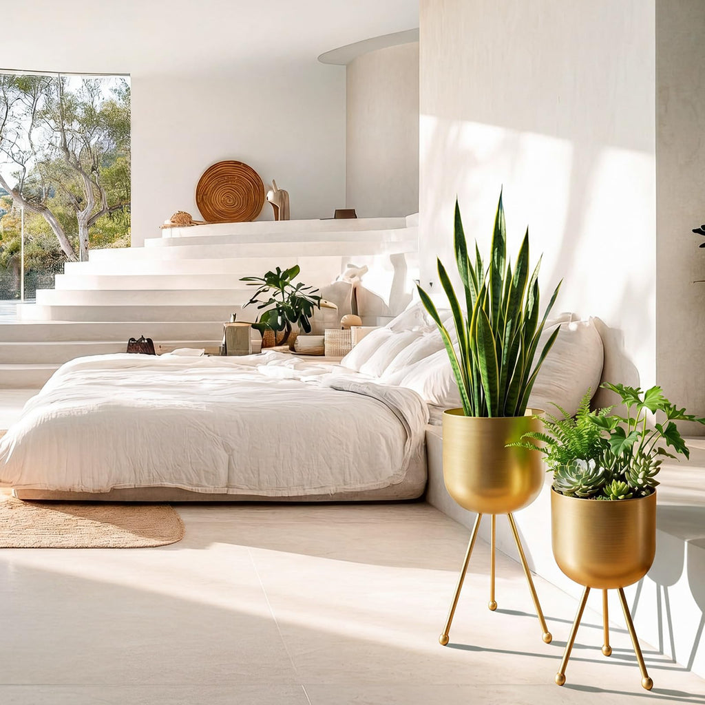 2 Pack Mid Century Modern Metal Planter with Stand, Gold