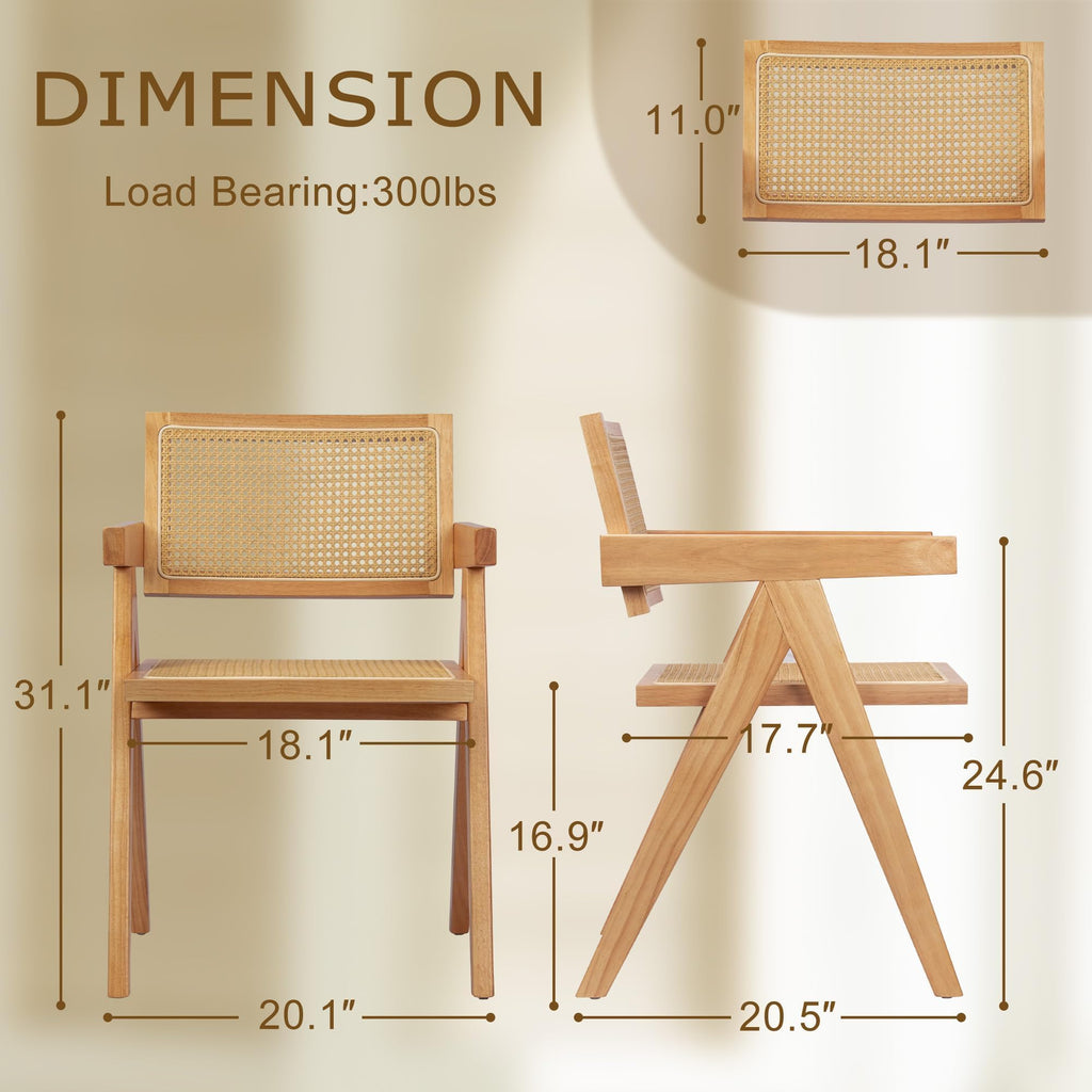 Cane Dining Chair with Arms Set of 4, Solid Wood Tone Frame