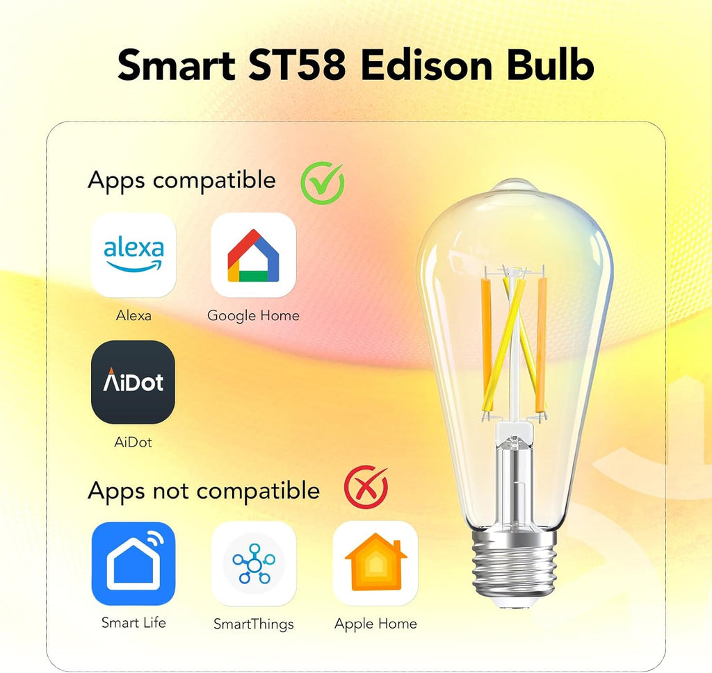 Smart Edison Light Bulbs with WiFi ST19(58) Vintage Light Bulbs, Dimmable 800lm 2700K-6500K Tunable White, Alexa