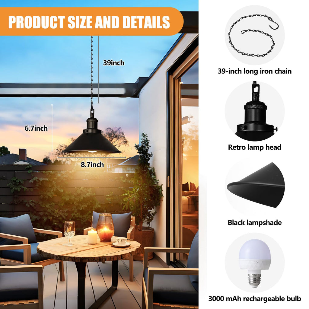 2 Pack Black Portable Battery Operated Hanging Lights, Rechargeable Wireless Outdoor Pendant Light with Remote
