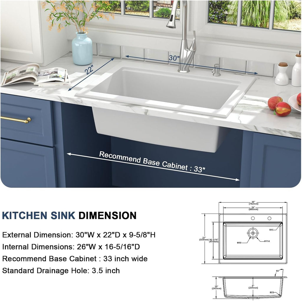 30 Granite Composite Kitchen Sink Drop In Workstation 30X22 Inch Quartz White Kitchen Sink Single Bowl Kitchen Sinks