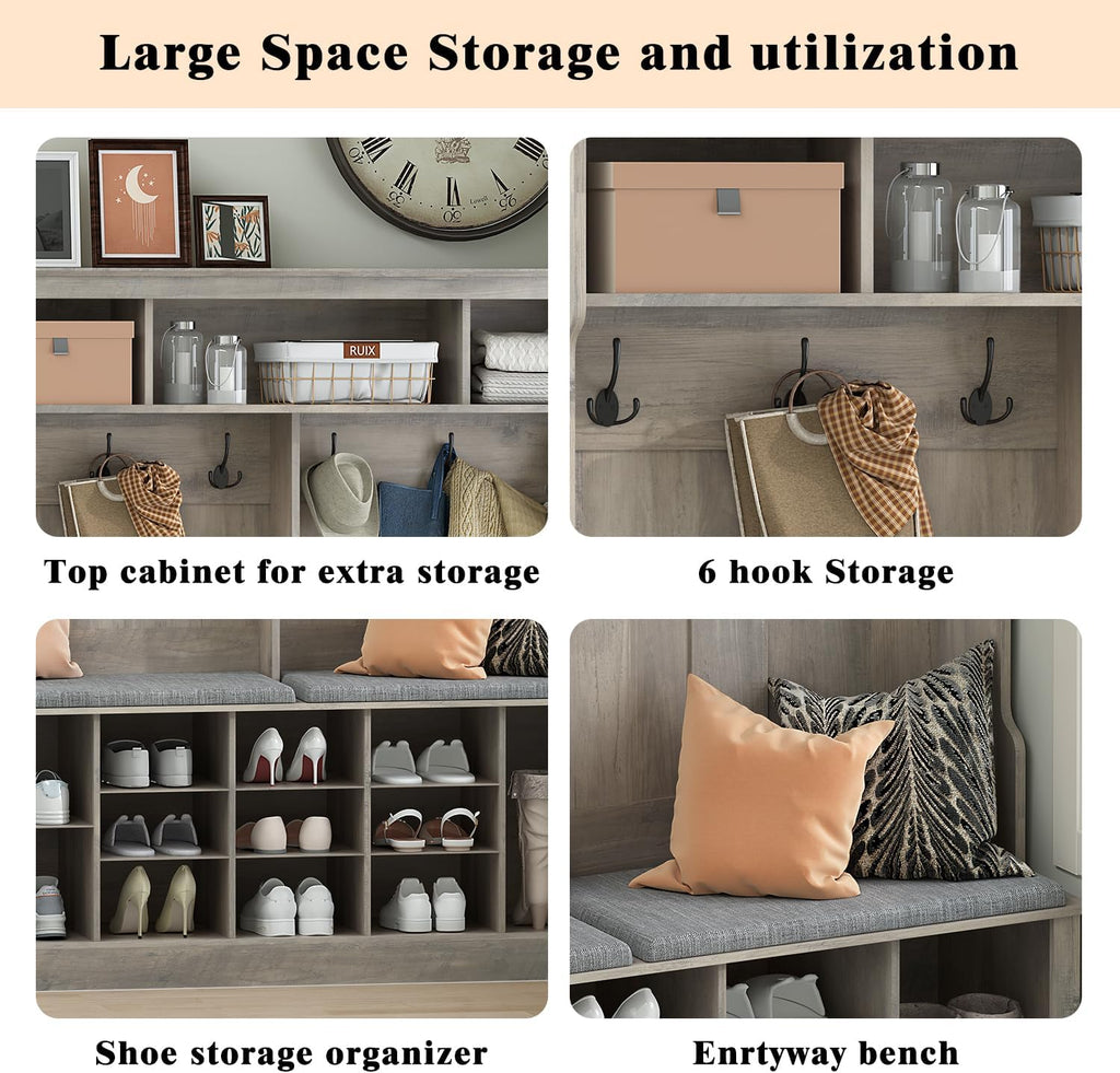 Hall Tree with Bench and Shoe Storage, 53" Farmhouse 4-in-1 Mudroom Storage Organizer with Coat Rack, 6 Hooks, 12