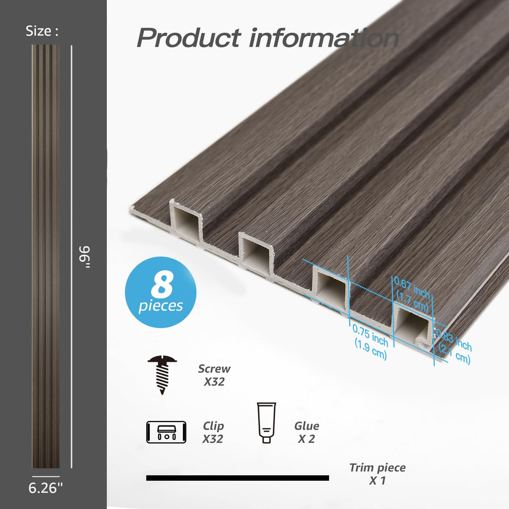 96 x 6 in WPC Slat Wall Paneling for Interior Decor, 8-Pack, Grey Oak