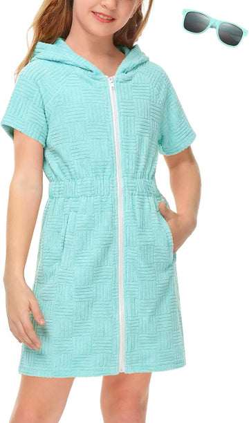 Girls Swim Cover Up Beach Bathing Suit Coverups for Swimwear Zip-Up Terry Cloth Robes with Sunglasses