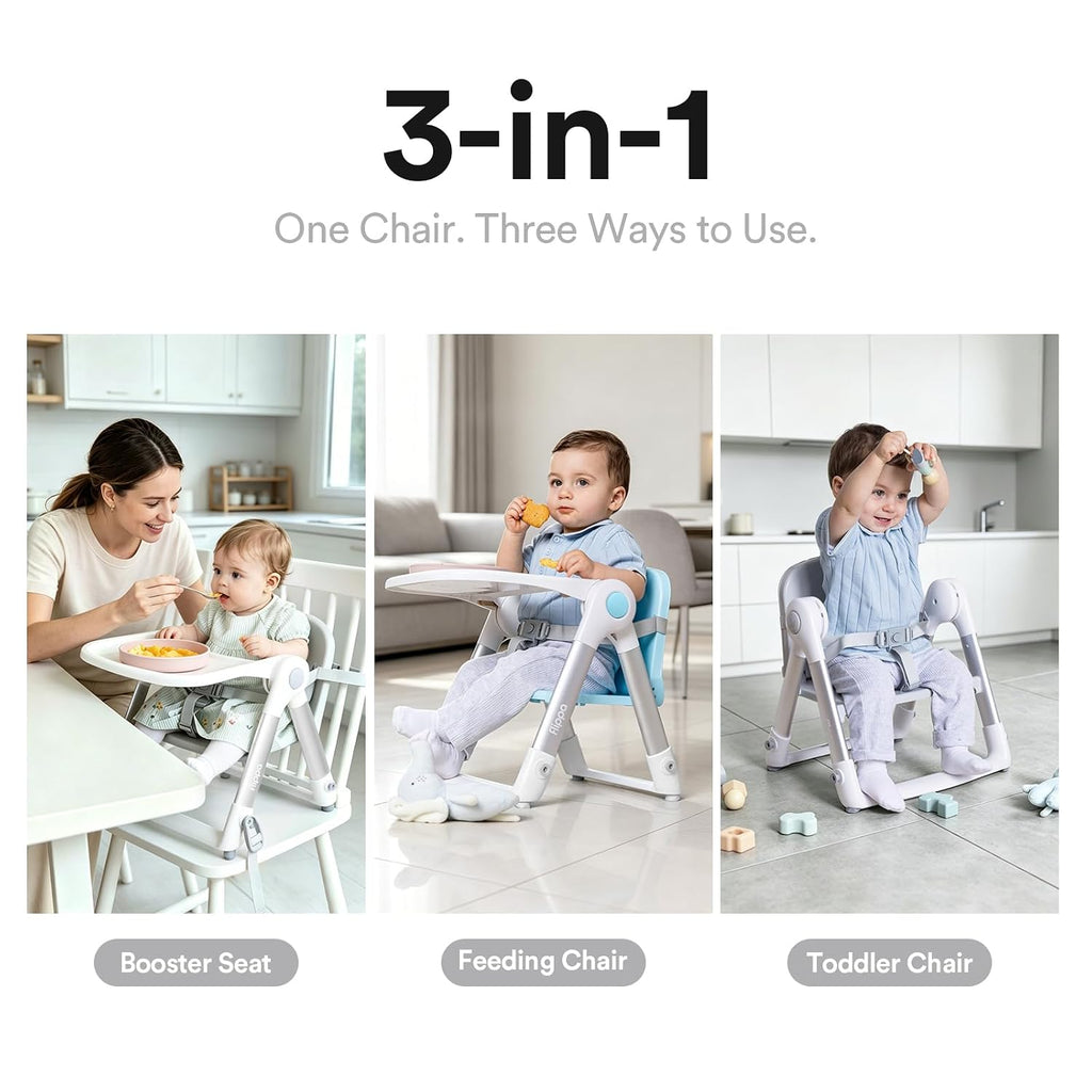 3-in-1 Toddler Booster Seat Chair & Dining Table with Removable Tray and Safety Straps, Portable& Foldable Babies