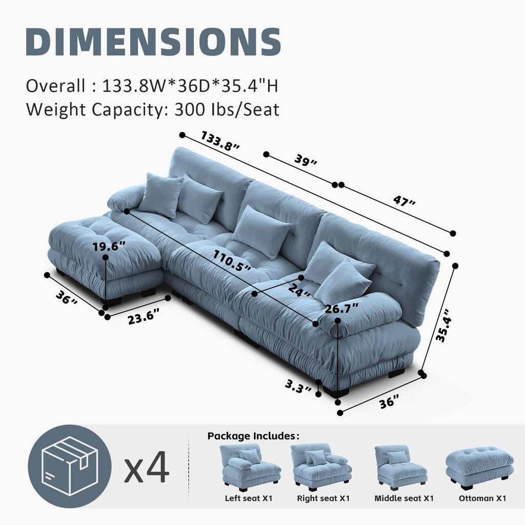 133.8" Modular Sectional Sofa w/1 Ottoman, Sky Blue