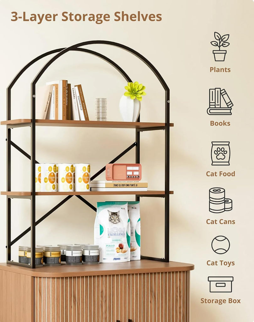 66" Cat Litter Box Enclosure, Hidden Litter Box Furniture with Shelves, Wooden Cat Washroom and Pet House with Sliding