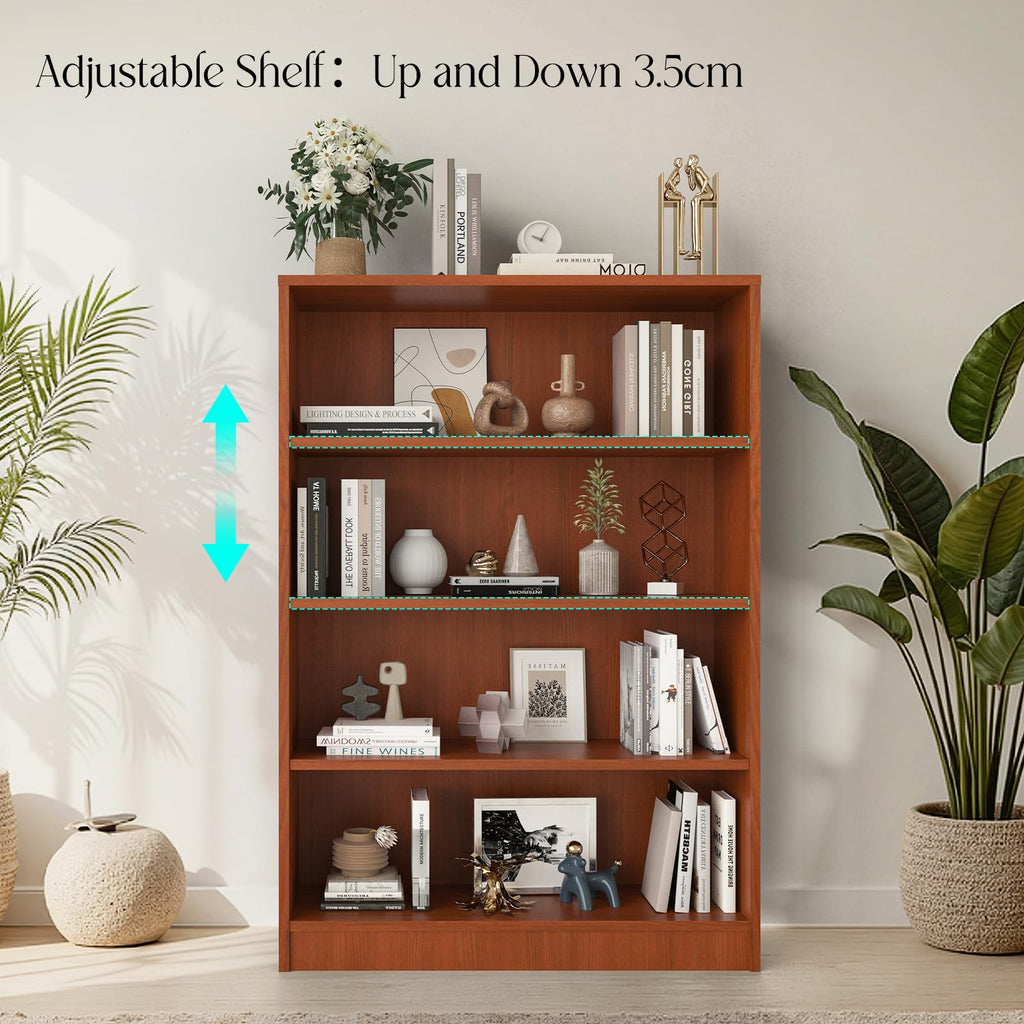 48 Inch Tall 4-Shelf Bookcase, Wood Bookshelf Storage Organizer Adjustable Shelf, Study Room, Easy Assembly, Cherry