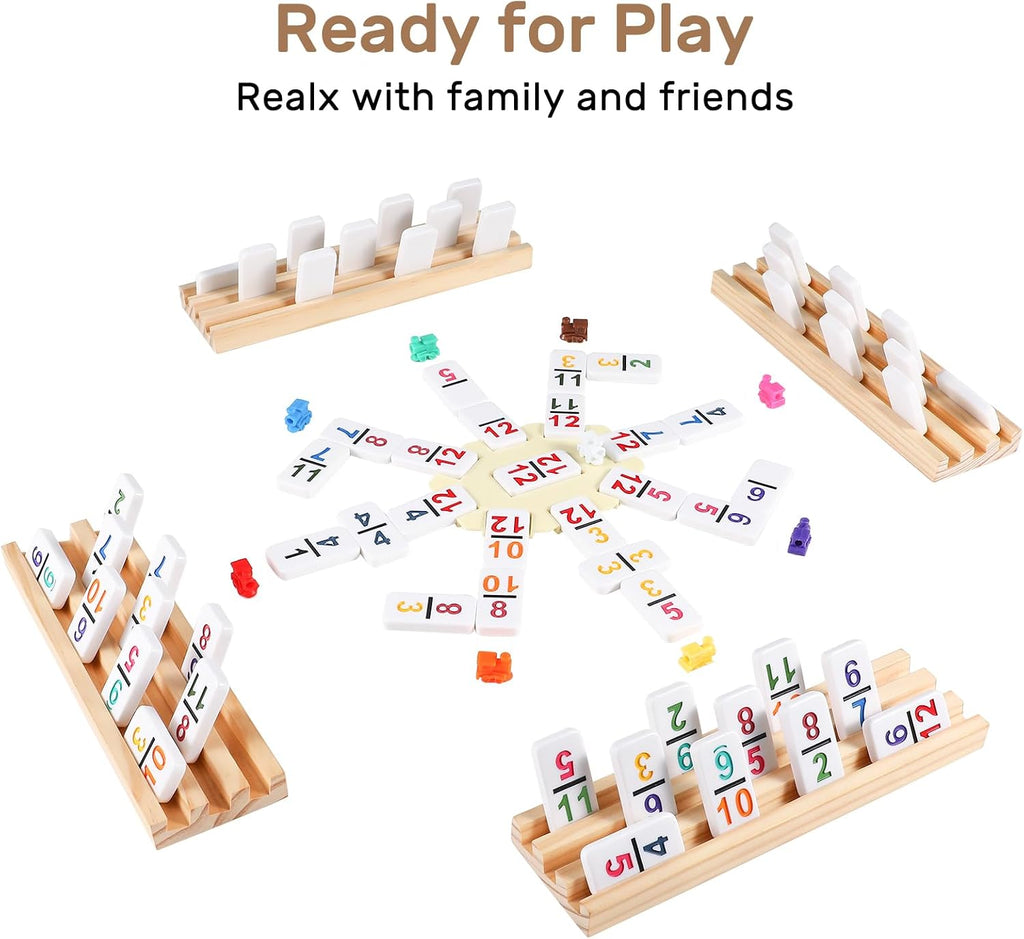 Mexican Train Dominoes Set with Numbers and 4 Wooden Trays/Racks, Double 12 Dominos Travel Set with 4 Tiles Holders