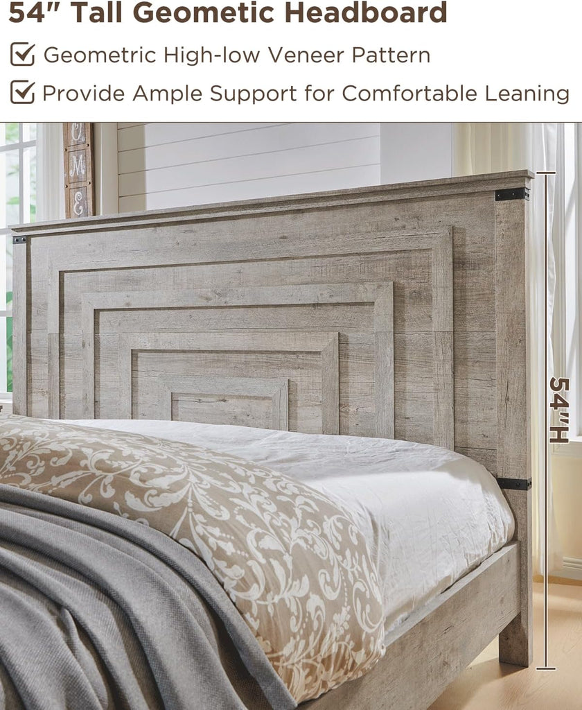 54" Tall Farmhouse Queen Wood Bed Frame with Headboard, Light Rustic Oak