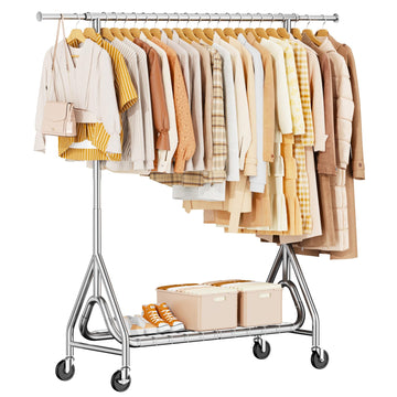 Heavy Duty Clothes Rack for Hanging Clothes with Wheels, Silver