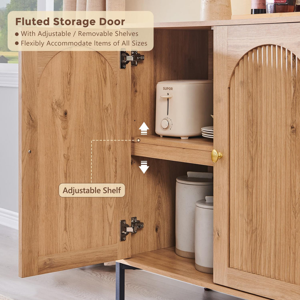 Modern Buffet Cabinet with Storage, 61.75" W Fluted Arched Sideboard Cabinet w/Adjustable Shelves