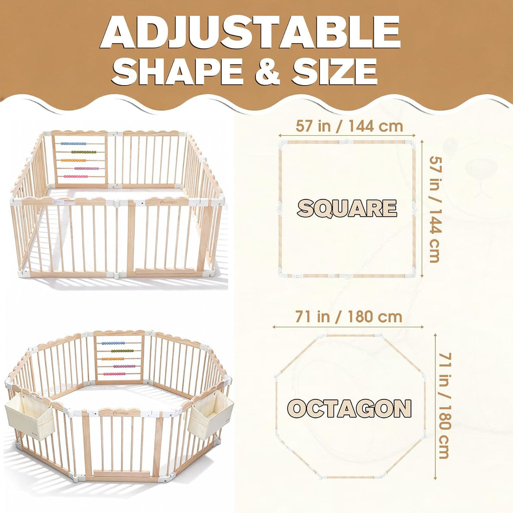 Foldable Wooden Baby Playpen, Adjustable Play Yard, 57x57x25in | Adjustable Shape & Size with 2-Pack Storage Bags