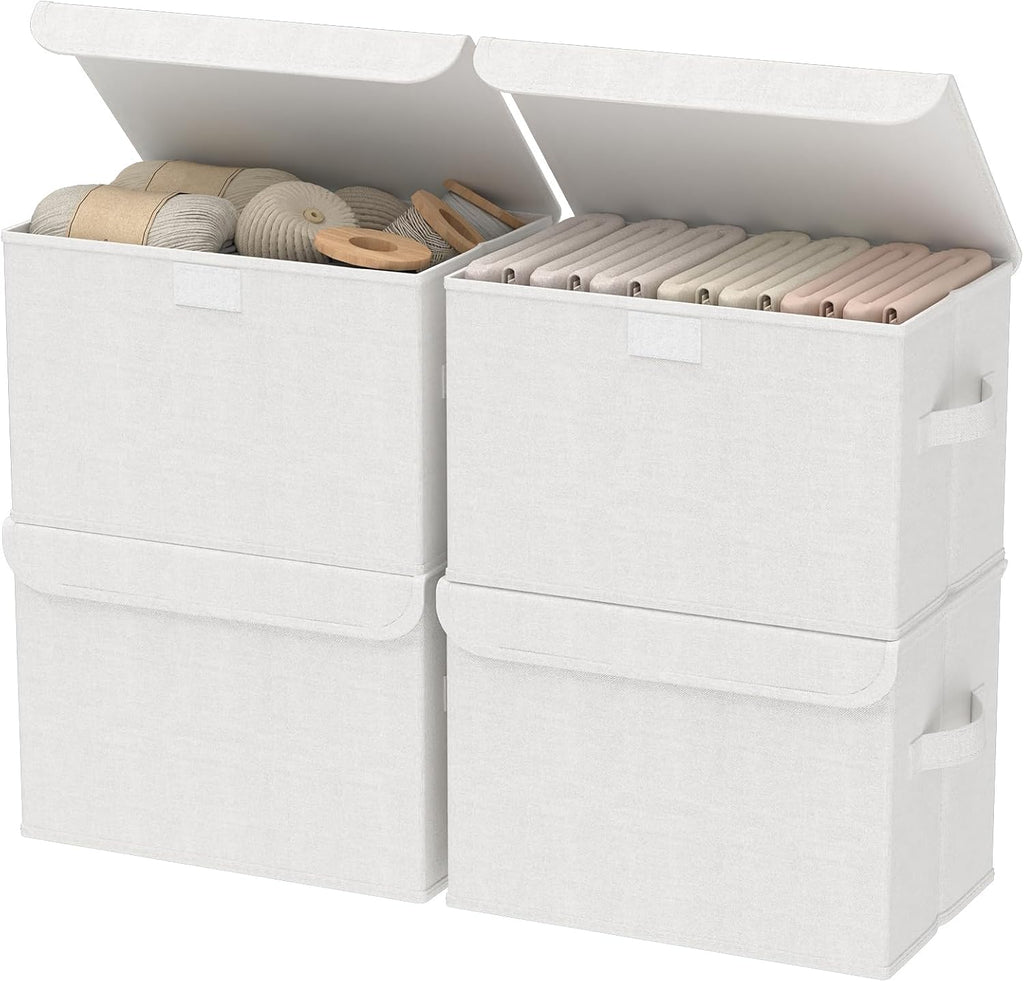Bin with Lid, Closet Boxes, 4 Pack, White, 10.2x7.9x6.7 In | Fabric Clothing Basket with Cover, Collapsible Stackable