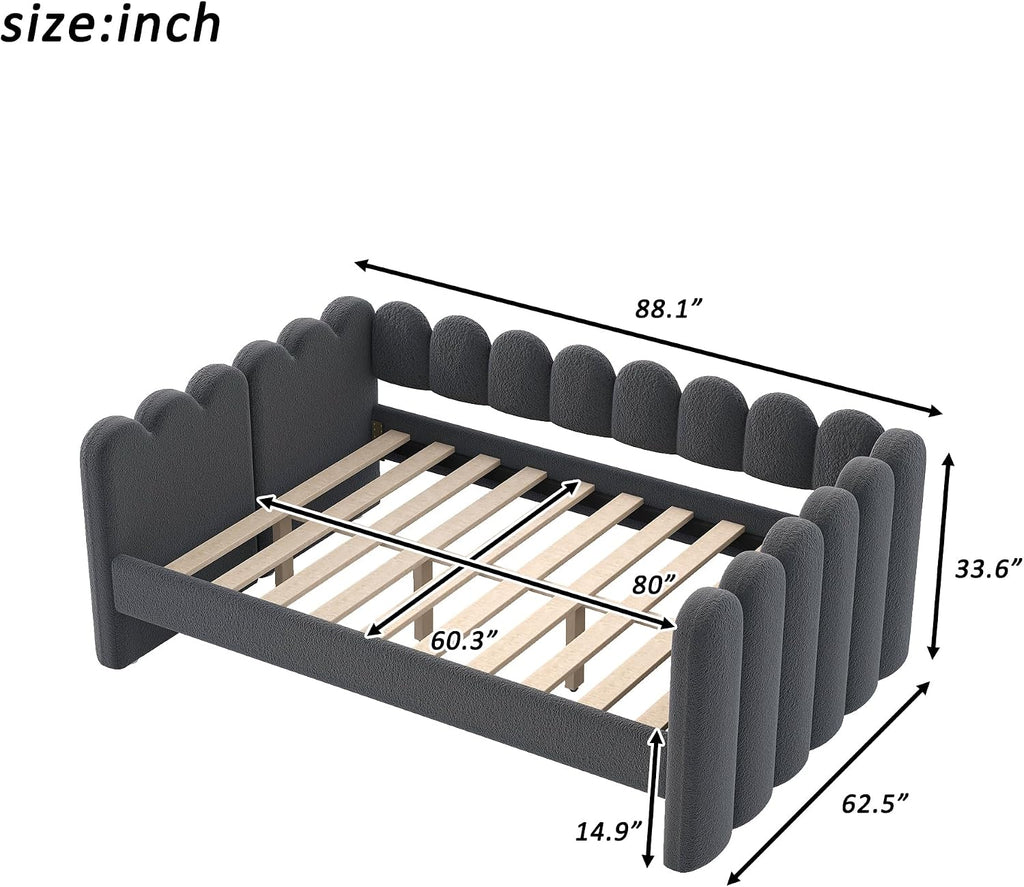 Queen Size Daybed Frame, Queen Day Bed Frame Fleece Upholstered Platform Bed with Wood Slats Support , Easy Assembly