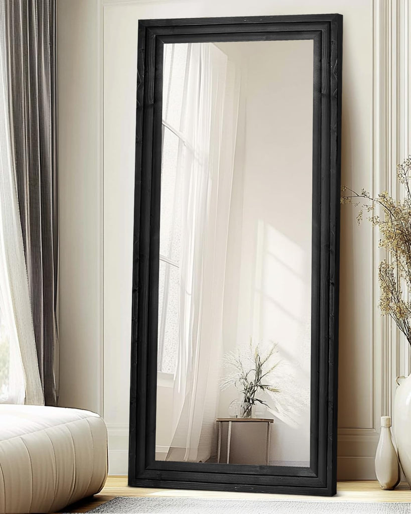 71x30in Full Length Mirror, 3-Tier Stepped Solid Wood Frame, Black