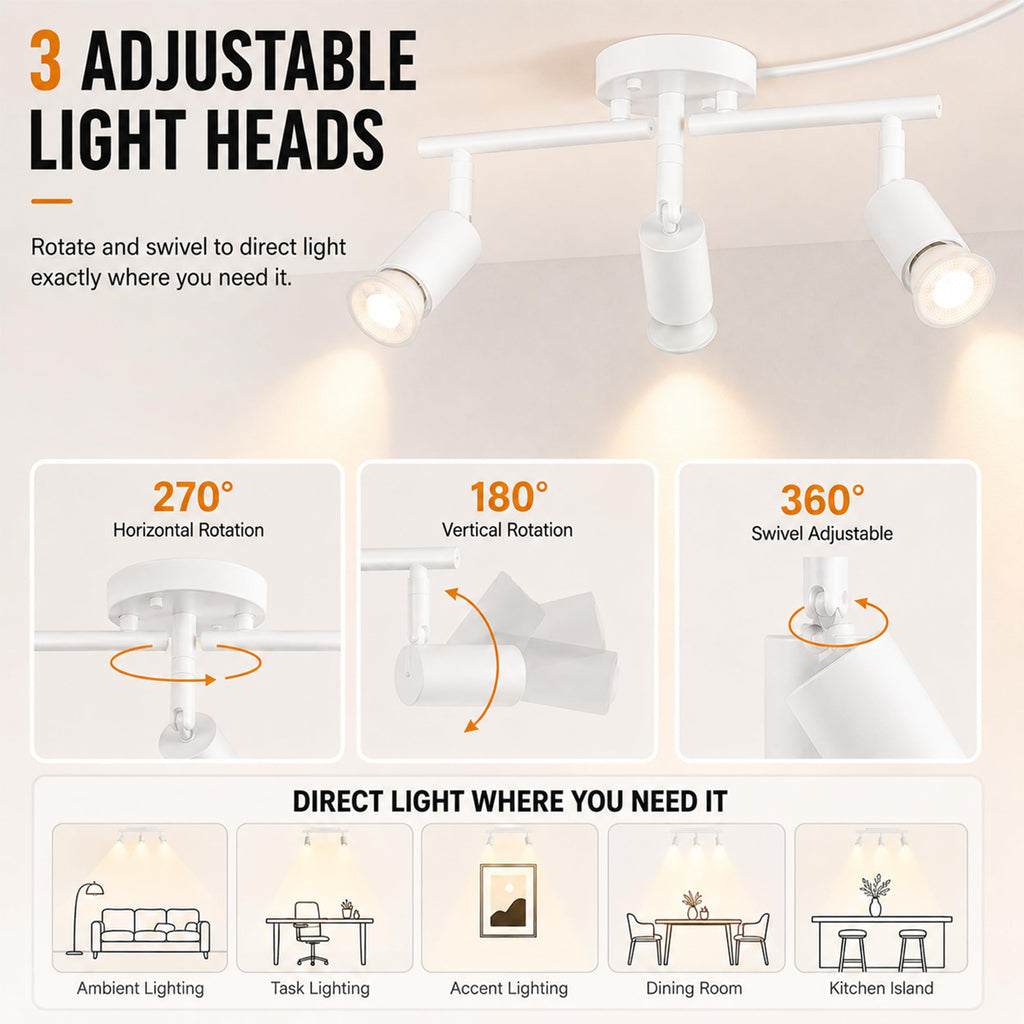 Dimmable Plug in Track Lighting,Plug in Ceiling Light Fixture,White 3 Light Track Light with 16.4' Long Cord,Dimming