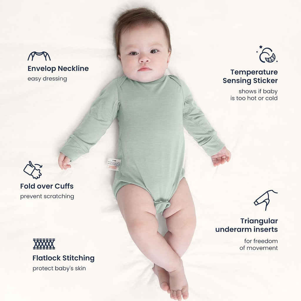 Long Sleeve Baby Bodysuit - Merino Wool &Rayon Made From Bamboo Material, with SnoozySea Hook-and-Loop Closure