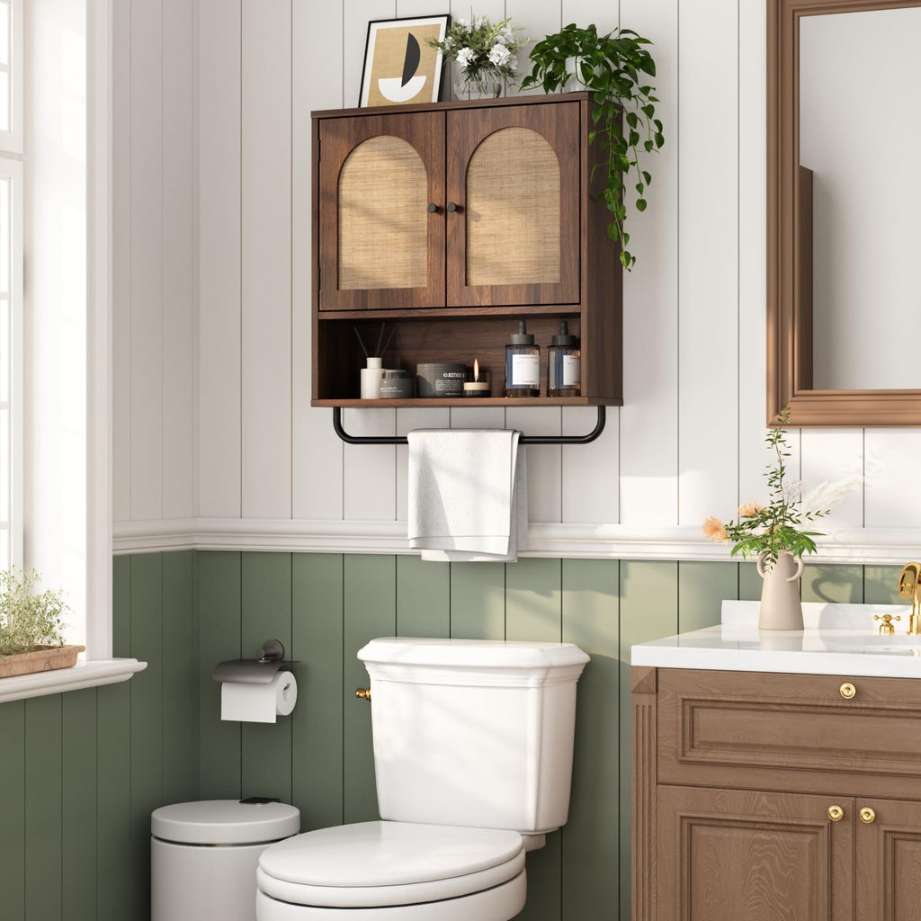 Rattan Bathroom Wall Cabinet, Boho Medicine Cabinet with 2 Doors